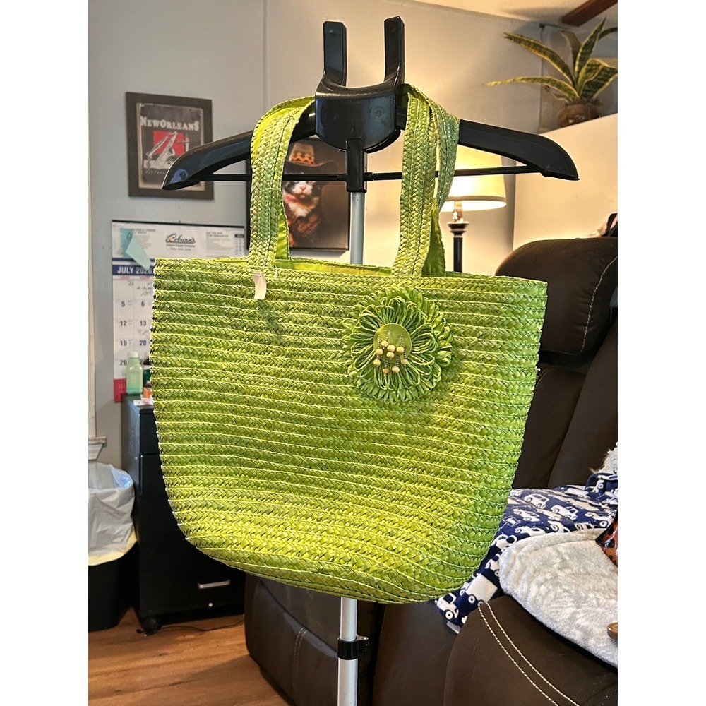 Lime Green Woven Straw Tote Bag Floral Accent Summer Beach Shoulder Bag Womens